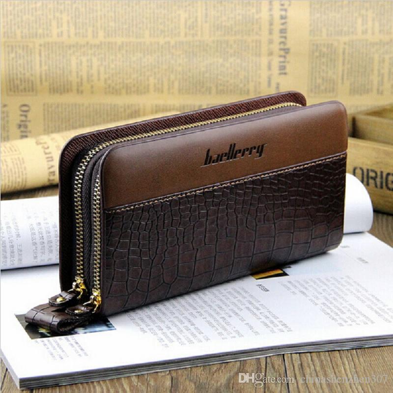 

baellerry Crocodile pattern designer Long Business Man wallet double zippers Men's leather clutch bag male purse phone handbag 83, Brown