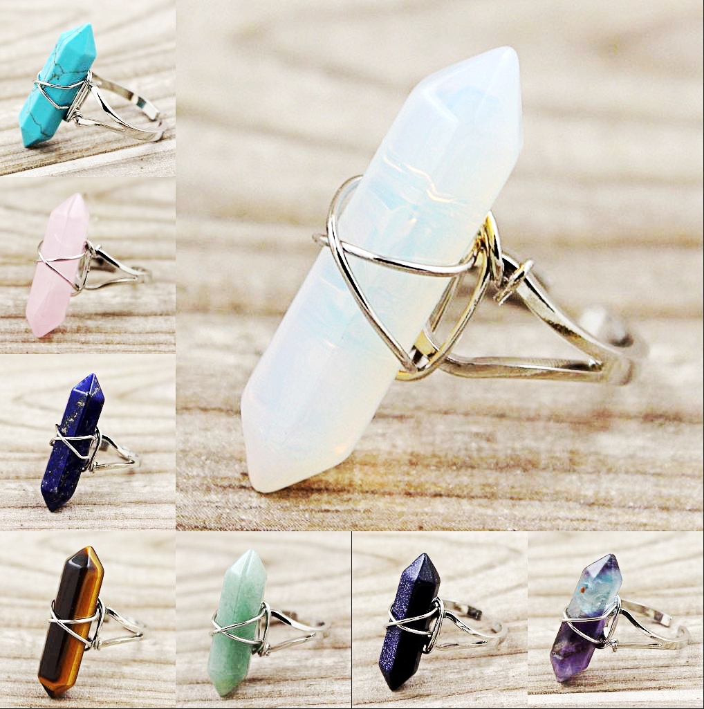 

Mixed Quartz Healing Crystal Rings Chakra Ring Gemstone Stone Bead Silver Adjustable Finger Ring Jewelry Crafts