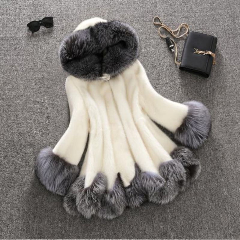 

Hooded Fur Coat Hooded for Women Long Faux Fur Coats Fake Fur Coats White Black Skirt Style F0227