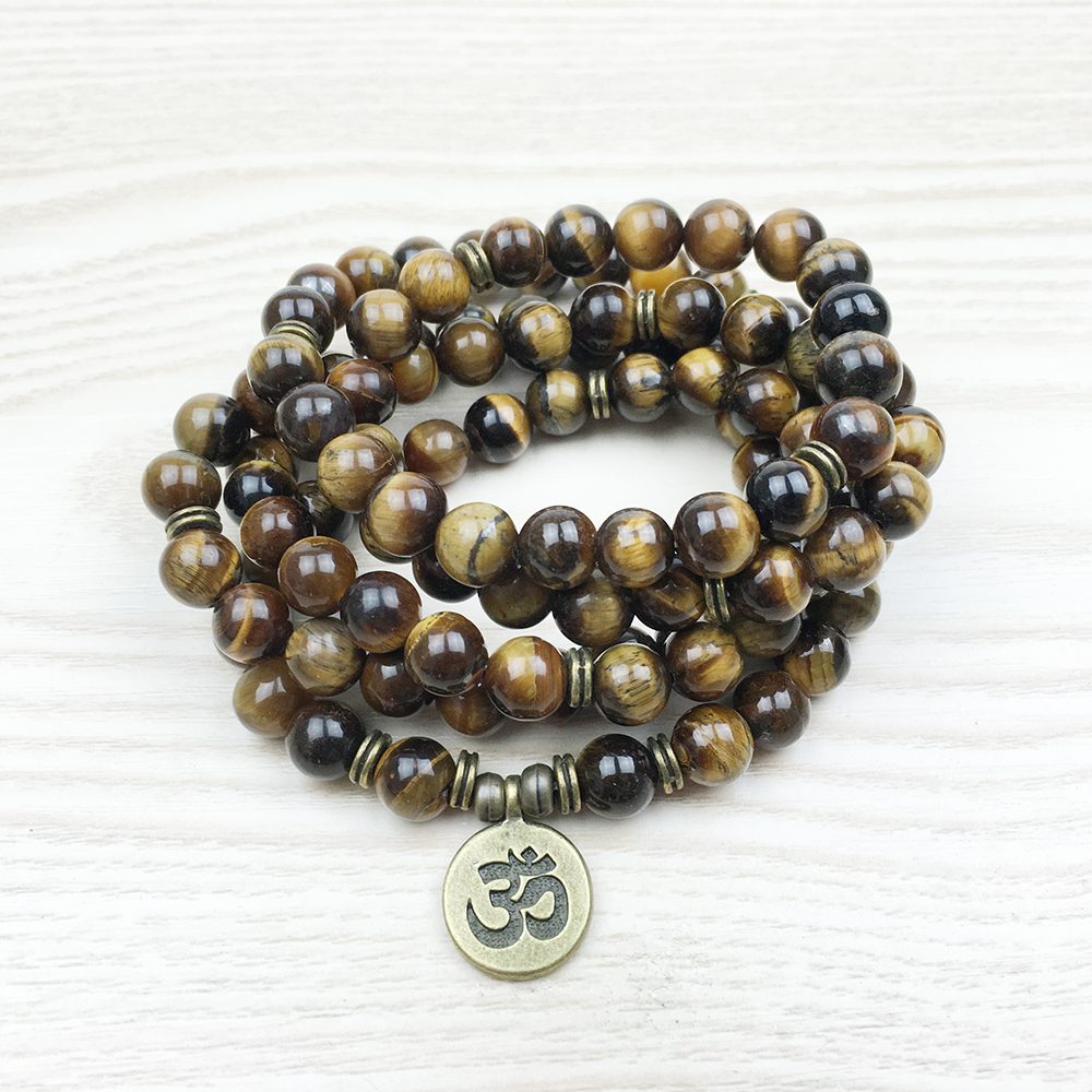 

SN1148 Fashion Tiger Eye 108 Mala Bracelet Om Buddha Bracelet or Necklace Yoga Bracelet 4 Wrap Natural Stone Bracelet, Black