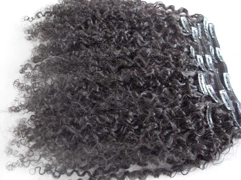 

Mongolian human clip in kinky curly hair weft virgin extensions unprocessed natural black color can be dyed for beauty wowen