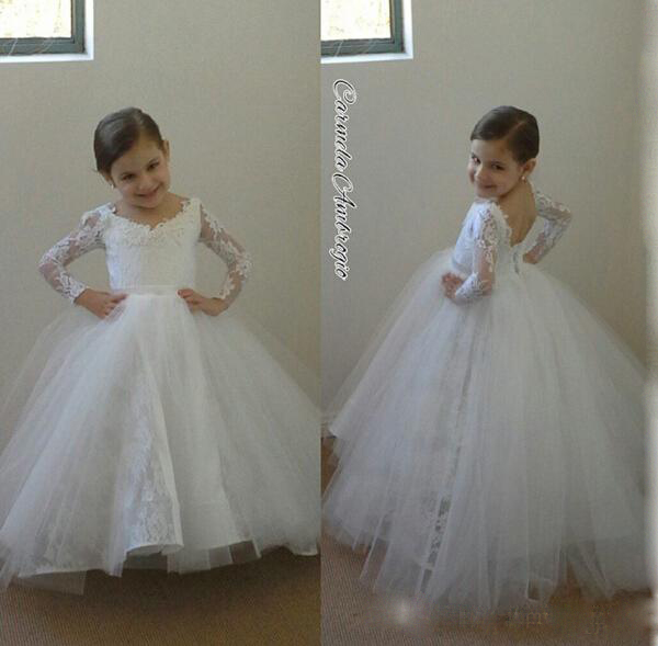 

Arabic Lace Flower Girl Dresses 2016 Long Sleeves Ball Gown Child Pageant Dresses Holy Communion Flower Girl Wedding Dresses, Champagne