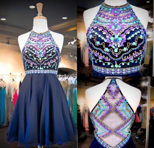 Navy Chiffon Sweet 16 Dresses Real Images Halter Neck Colorful Beaded Sequins Crystals Cheap Homecoming Gowns with Illusion Back