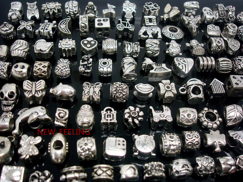 

100pcs mixed Tibet Silver Beads for Jewelry Making Loose Alloy Metal Charms DIY Hole Beads for European Bracelet Wholesale in Bulk Low Price, Black