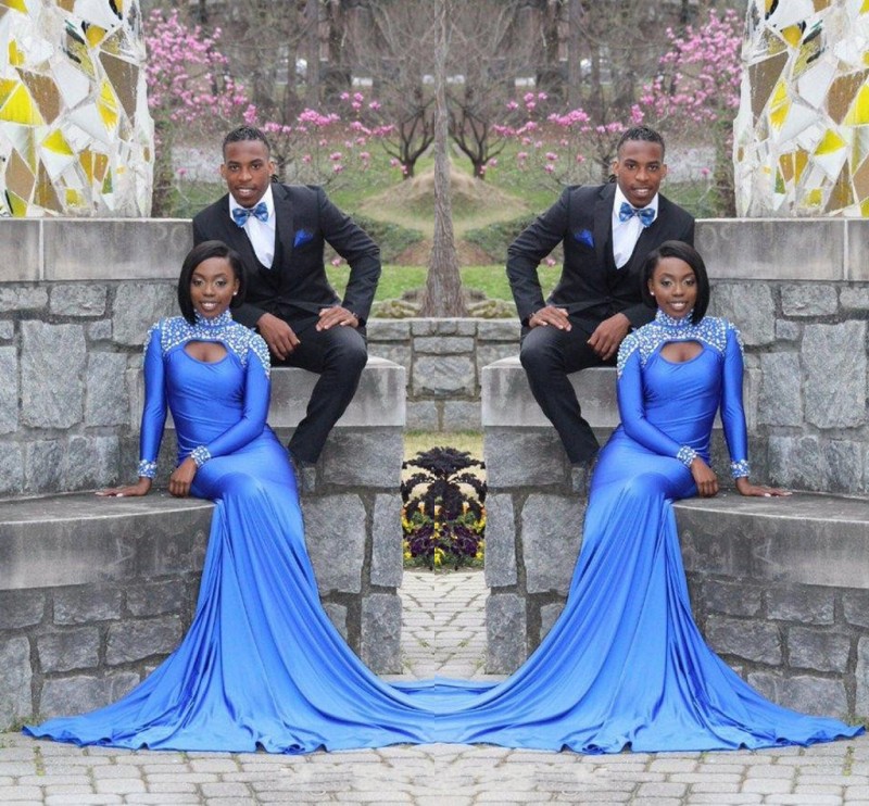 

African High Neck Evening Dresses 2017 Crystals Beaded Long Sleeves Mermaid Black Girls Prom Dresses Open Back Sweep Train Formal Wear, Red