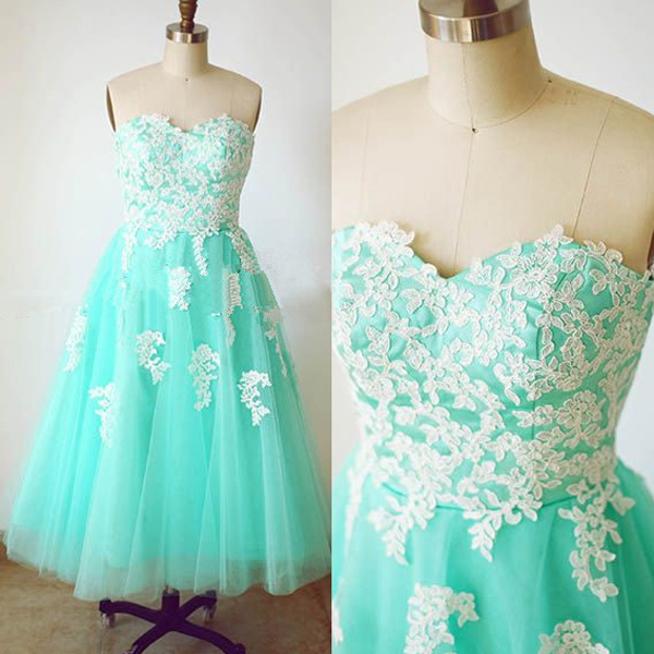 

Vintage Turquoise Tulle Prom Dress A Line Sweetheart Neckline Sleeveless Lace Appliques Cheap High Quality Homecoming Graduation Gowns, Chocolate