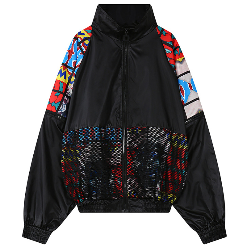 

Wholesale- 2017 Autumn Women Bomber Jacket New Double X Embroidery Net Causal Graffiti Ladies long sleeves Plus Size Outwear Coat, Black