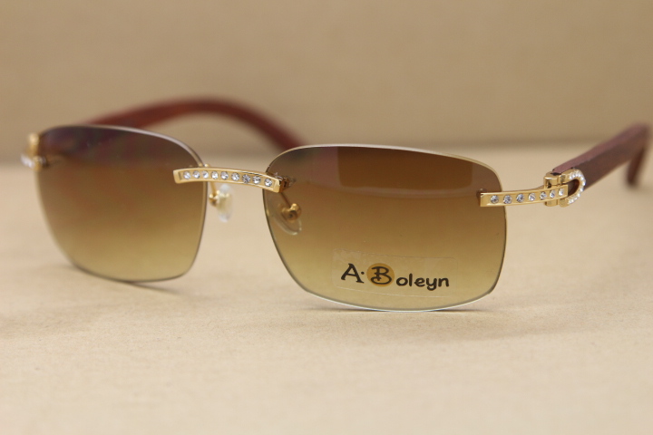 

Hot Rimless Big Diamond T8200497 Wood Sunglasses men famous sun Glasses Brand Decoration gold frame Size:58-18-140mm high quality lenses