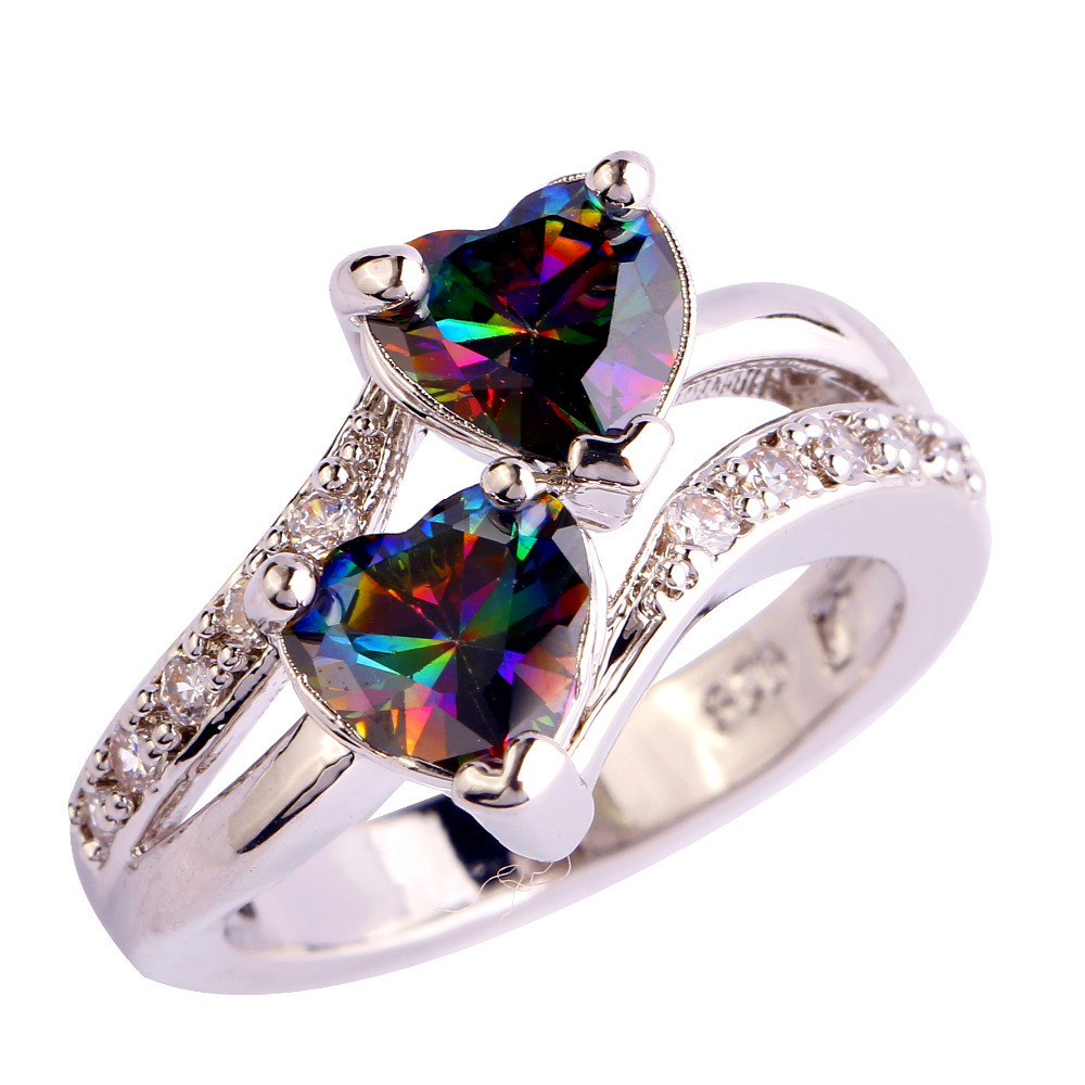 

Fashion Jewelry MultiColor Rainbow Topaz Gems 18K White Gold Plated Silver Ring Size 6-12 Free Shipping Wholesale, Golden;silver