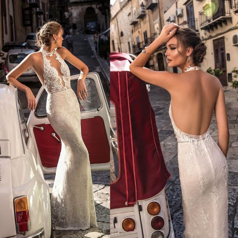 

Berta New Lace Wedding Dresses Backless Halter Illusion Bodice Bridal Gowns Floor Length Sexy Backless Mermaid Wedding Dress, Ivory