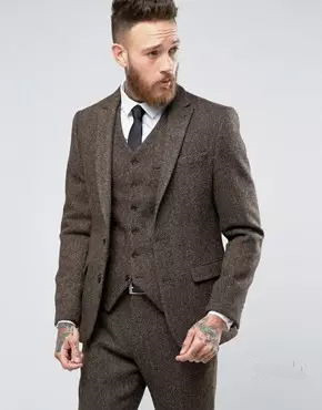 

Latest Coat Pant Designs Winter Brown Tweed Men Suit Tuxedo Slim Fit Skinny 3 Piece Blazer Custom Groom Suits Terno Masculino High Quality, Gray
