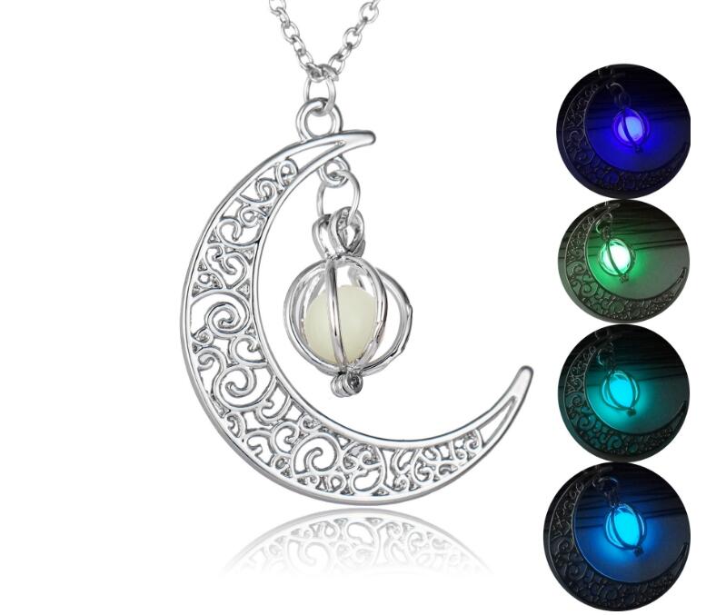 

Crescent Moon Glow In The Dark Necklaces Pumpkin Glowing Stone Luminous Silver Color Fluorescent Chain Necklaces Jewelry Gift For Women