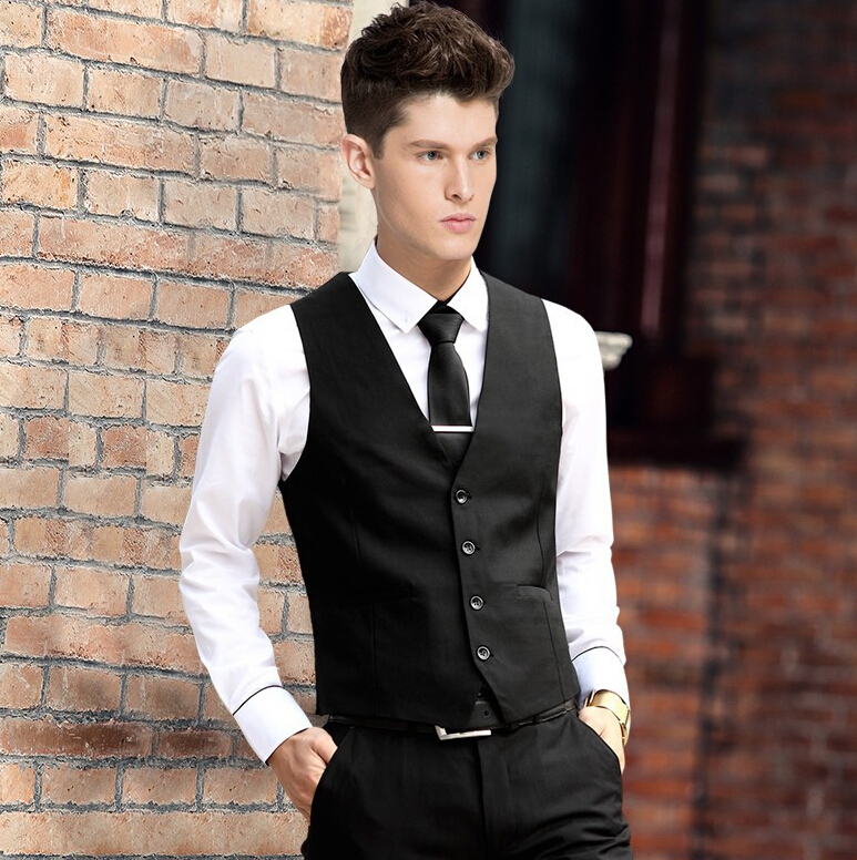 

Wholesale-Vest Dress Men Formal Business Party Mens Dress Vest Suit Male Colete Masculino Gilet Homme Vest Dress Men, Black