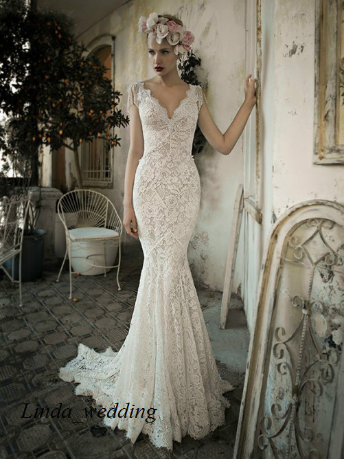 

High Quality Trumpet Mermaid Sleeveless V-neck Backless Lace Court Train Long Women Wear Wedding Dresses Bridal Gowns, White