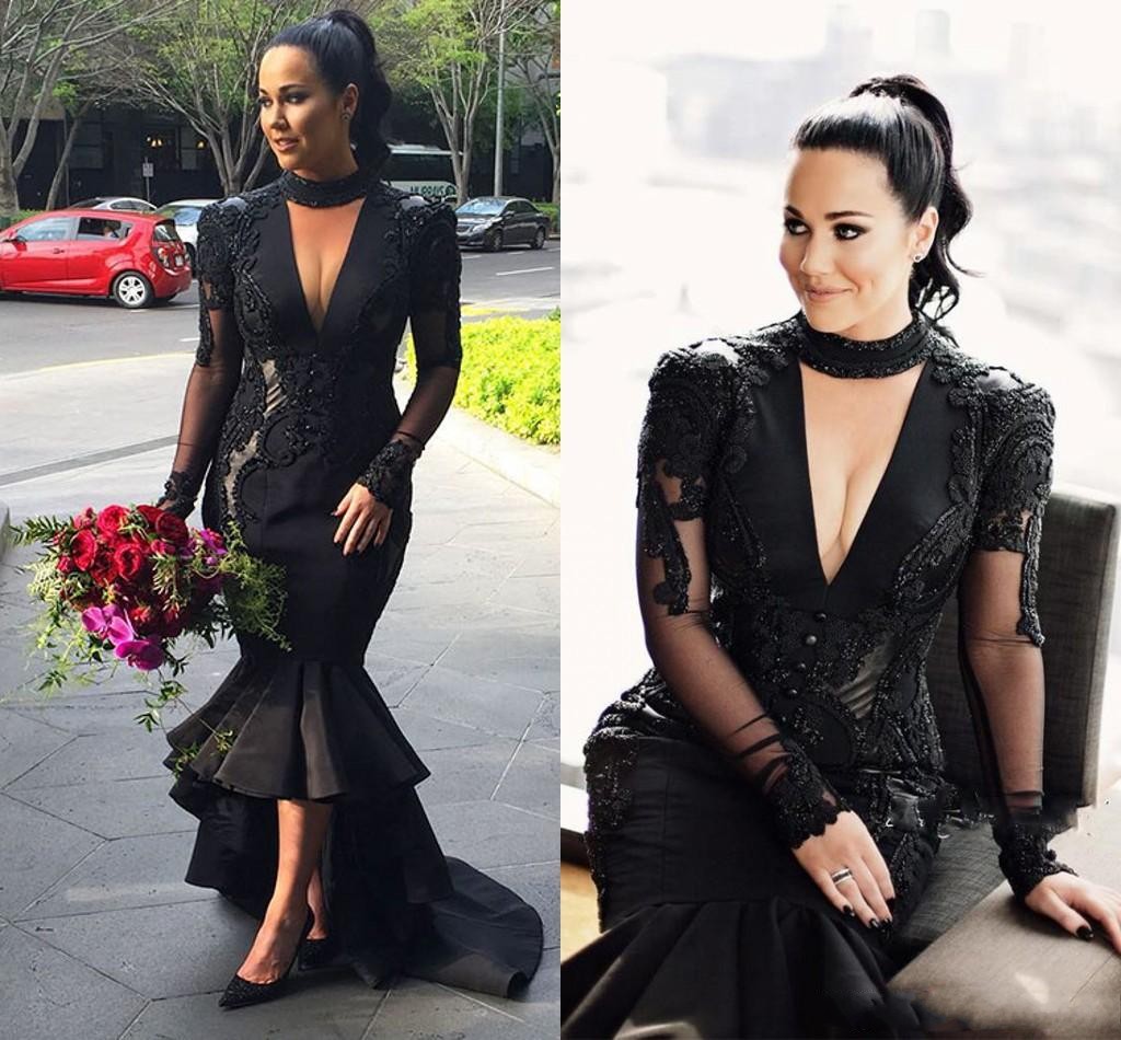 2019 Plus Size high nick Black Deep V Neck Prom Dresses Lace Appliques Evening Gowns Satin High Low Arabic Mermaid Party Dresses