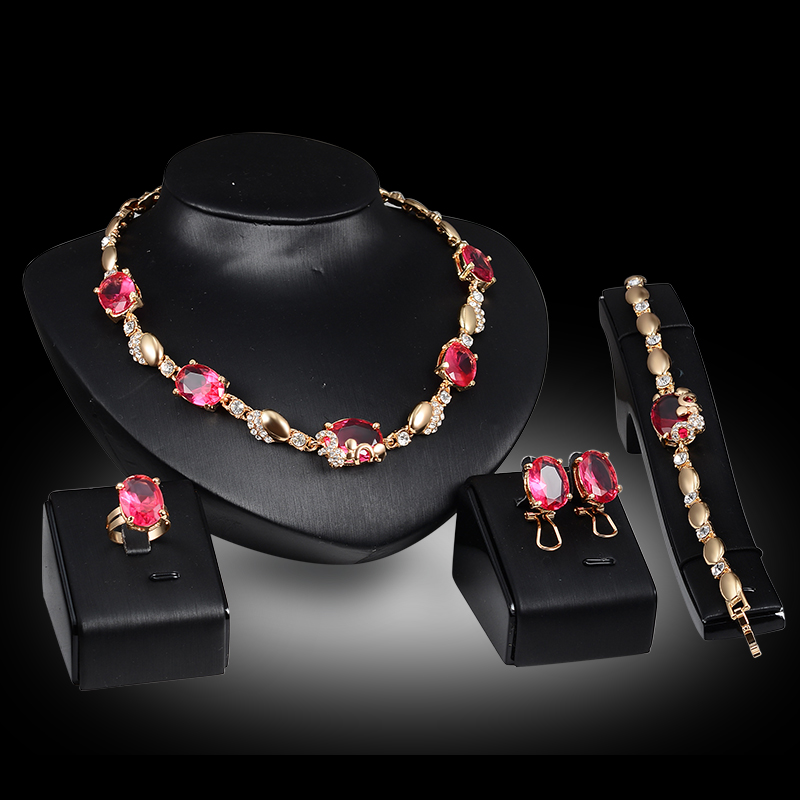 

Bracelets Necklaces Rings Earrings Sets Fashion Women Royal Luxury Imitation Gemstone 18K Gold Plated Wedding Jewelry 4-piece Set JS062