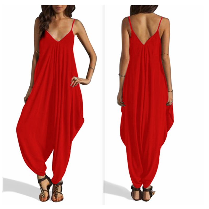 

Wholesale- 10 Colors Large Size New Fashion Woman Sexy Spaghetti Strap Soild Sleeveless V-Neck Loose Jumpsuits Summer Female Clothing, Rose red