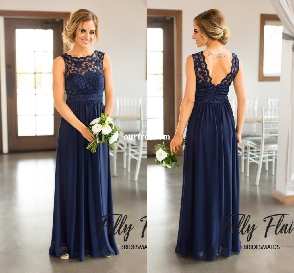 2019 Navy Blue Lace Bridesmaid Dresses for Country Wedding A-Line Jewel Long Chiffon Bohemian Summer Beach Wedding Party Evening Dresses