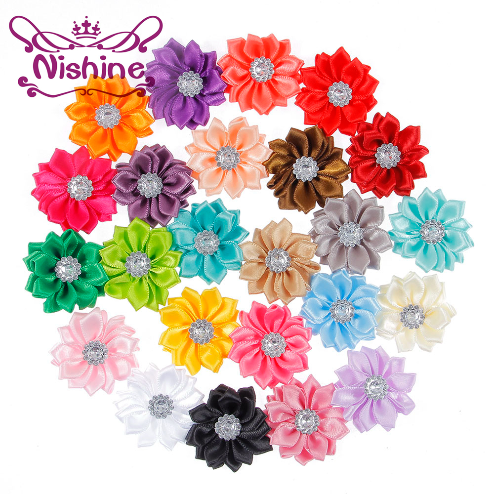 

Nishine 1.4" Handmade Satin Ribbon Flower With Acrylic Button Multilayers Flowers For DIY Headwear Hair Accessories, Multi-color