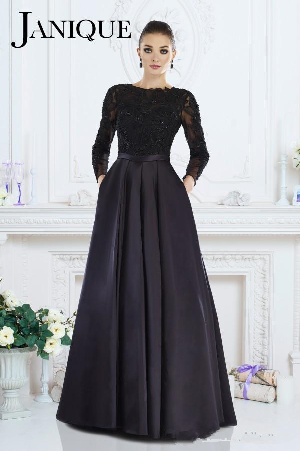 

Janique 2019 Black Formal Gown A-Line Jewel Long Sleeve Lace Beaded Mother of The Bride Dresses Evening Wear For Women Custom Made