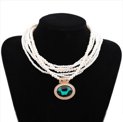 

Multistrand Ivory Glass Pearl Women Necklace Jewelry with Blue Stone Pendants, Golden