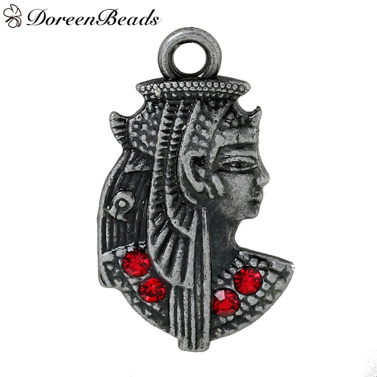 Zinc Metal Alloy Charms Egyptian Queen Antique Pewter Red Rhinestone 29mm(1 1/8") x 17mm( 5/8"), 10 PCs 2016 new Free shipping jewelry mak