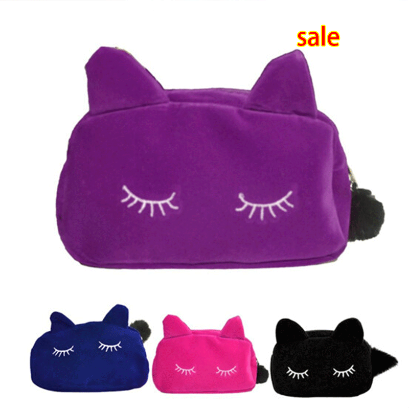 

Wholesale Cute Portable Cartoon Cat Coin Storage Case Travel Makeup Flannel Pouch Cosmetic Bag Korean and Japan Style