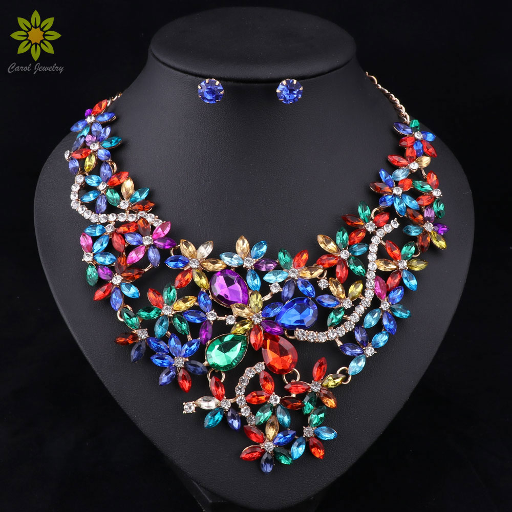 

5Color Bridal Jewelry Sets Wedding Necklace Earrings For Brides Party Accessories Gold Plated Crystal Jewelry Sets For Women, Red