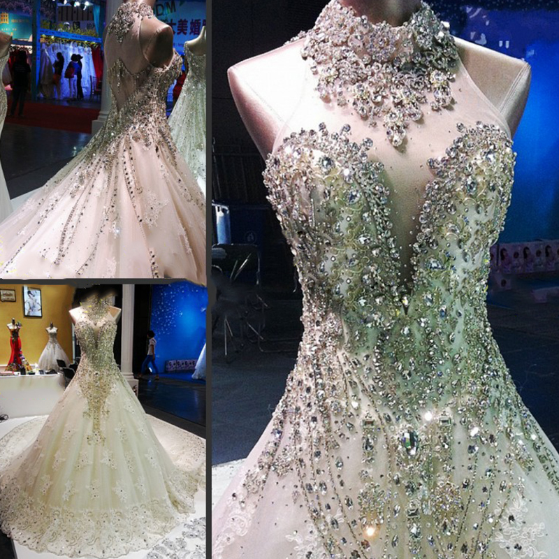 

2019 Crystal Wedding Dresses Luxury High Neck Beading Illusion V-neck A Line Wedding Bridal Gowns Cathedral Train, Custom made from color chart