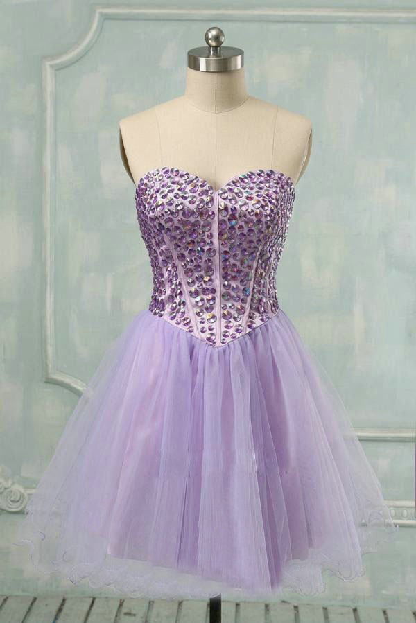Sexy Light Purple Short Prom Dresses Sparkling Beads Crystal Pleats ...