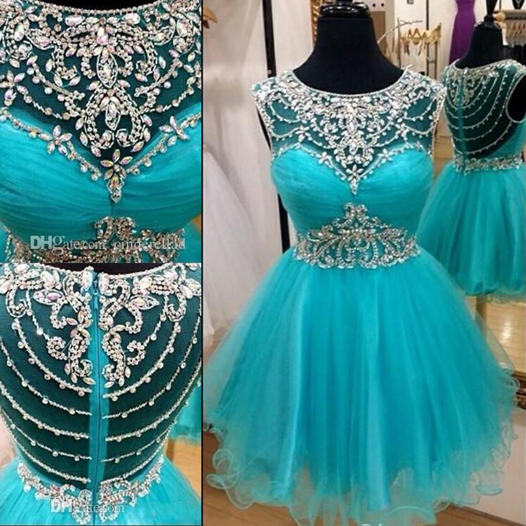 

2016 New Short Sweet 16 Aque Homecoming Dresses Jewel Neck Crystal Beaded Tulle Turquoise Prom Dresses Party Dress Formal Cocktail Gowns, Black