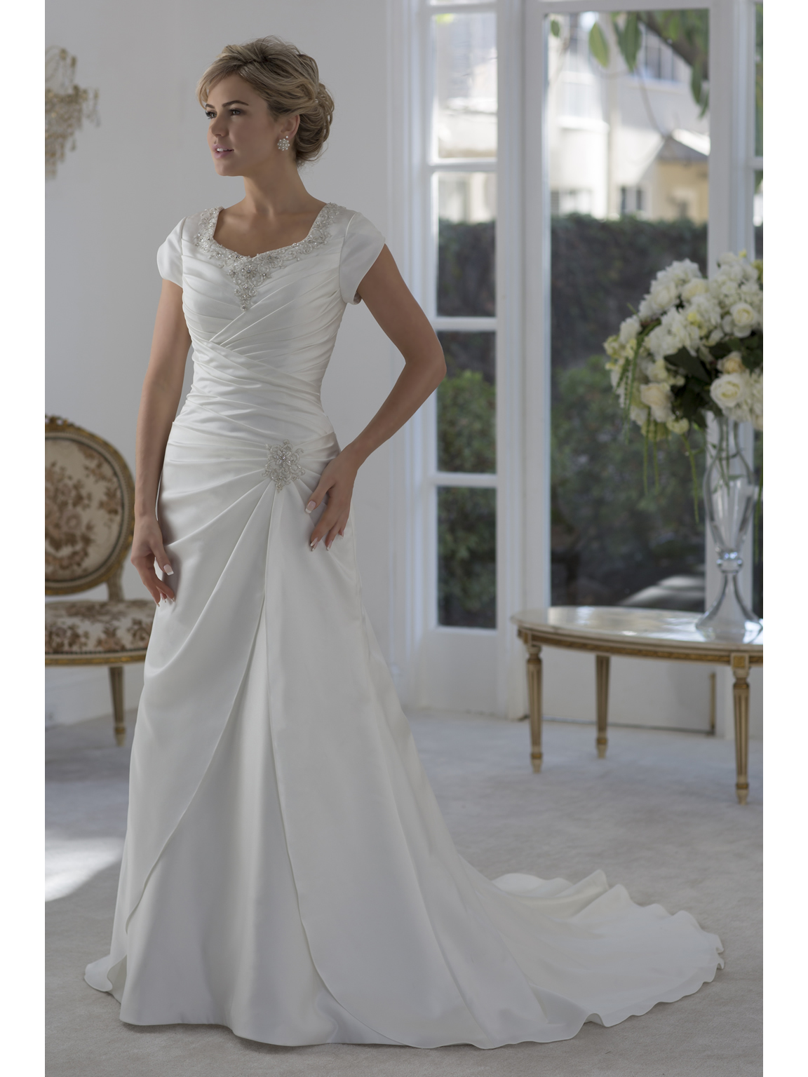 

Vintage Satin A-line Modest Wedding Dresses With Cap Sleeves Beaded Neckline Pleated Bodice Buttons Back Brides Reception Dresses Cheap, Custom made from color chart