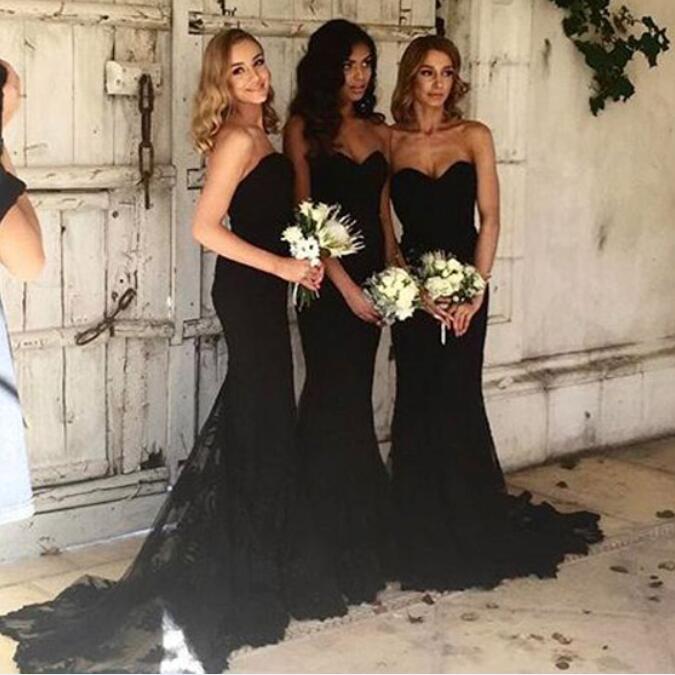 

Graceful 2017 Black Chiffon Sweetheart Mermaid Bridesmaid Dresses Long Sheer Lace Court Train Maid Of Honor Gowns Custom Made China EN9147