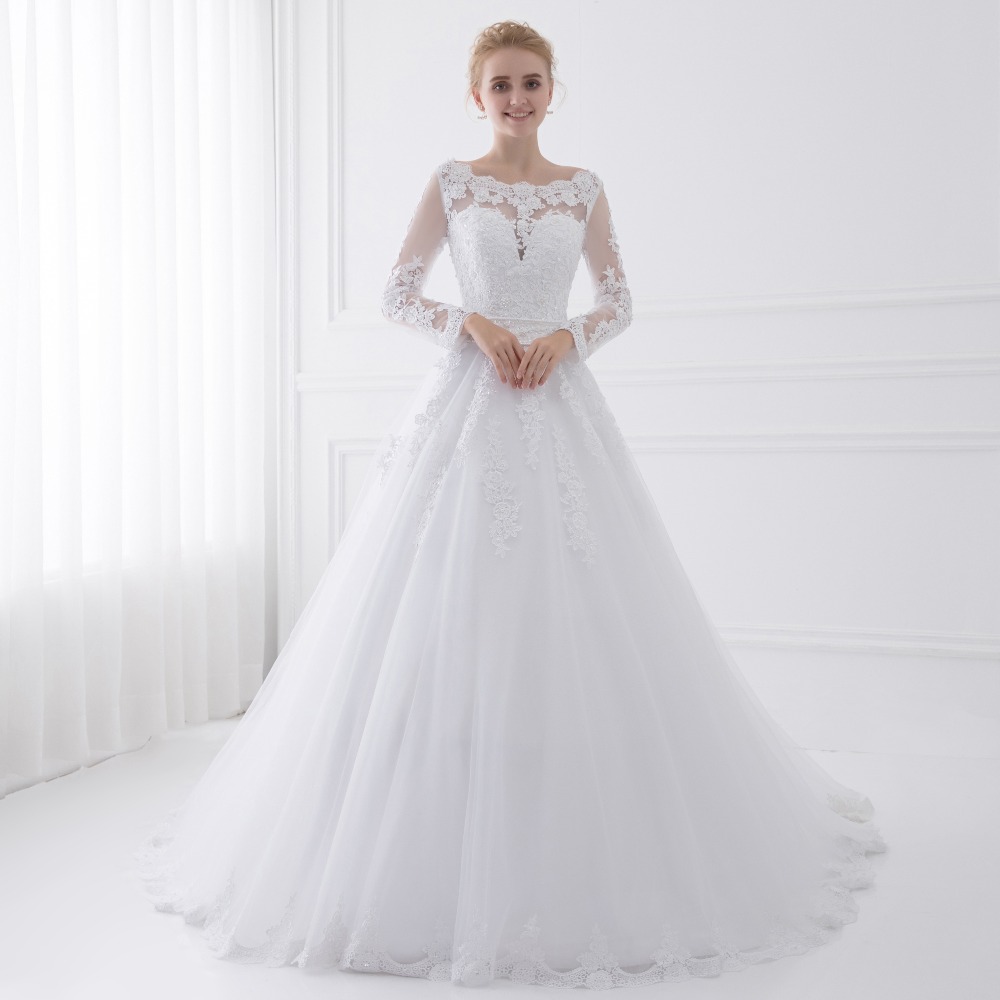 

New Arrival Vestido de Noiva Long Sleeve Wedding Dresses Sheer Tulle Back Sexy Bride Dresses Wedding Gowns Pearls Princess, Champagne