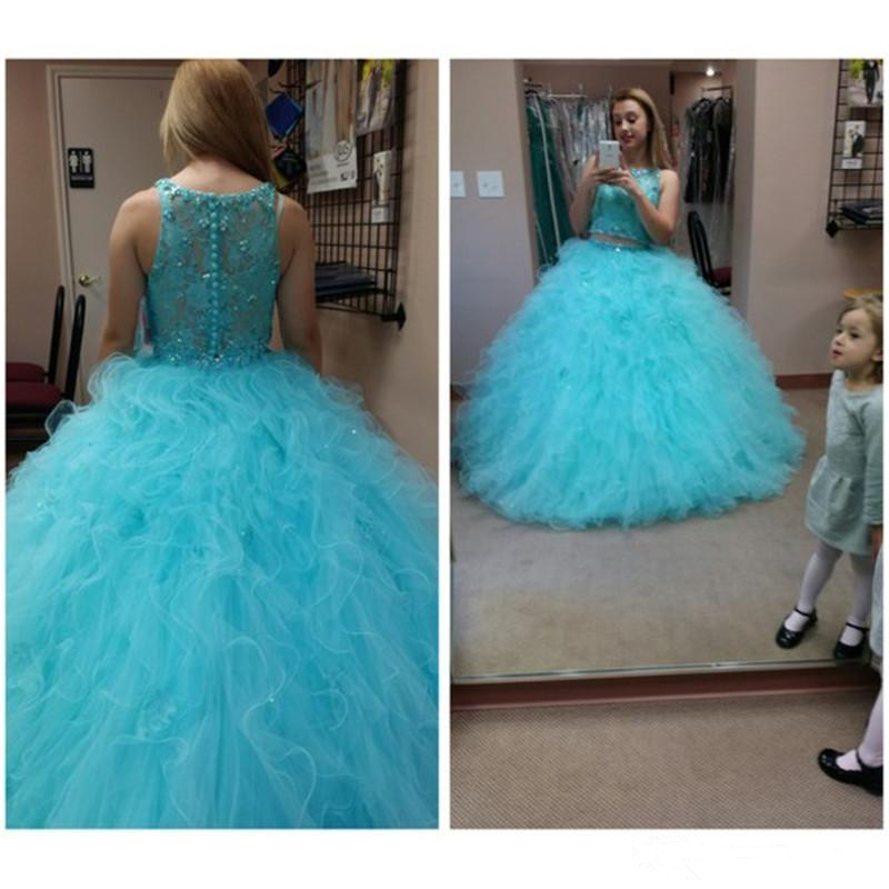 2021 Deux Morceaux Blue Quinceanera Robes Robe de boule Vintage dentelle Cascade Volants Jupe gonflée Princesse Sweet Sweet 16 Robes de fête du b
