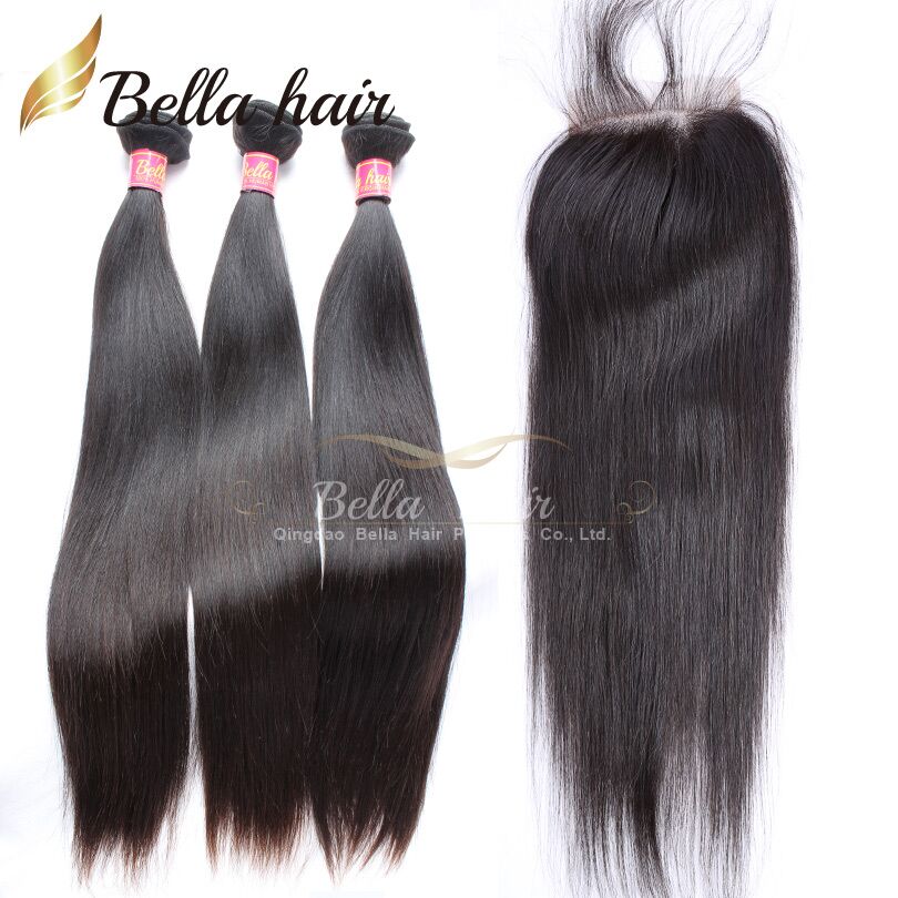 

Peruvian Hair Bundles Virgin human Hair Extensions Straight HairWeaves 3pcs with Closure free part Natural Color Bellahair