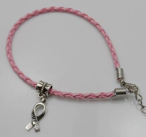 

50pcs/lot Hope Breast Cancer Awareness Ribbon Charm Pendant Leather Rope Cham Bracelet Fit for European Bracelet Handmade Craft DIY