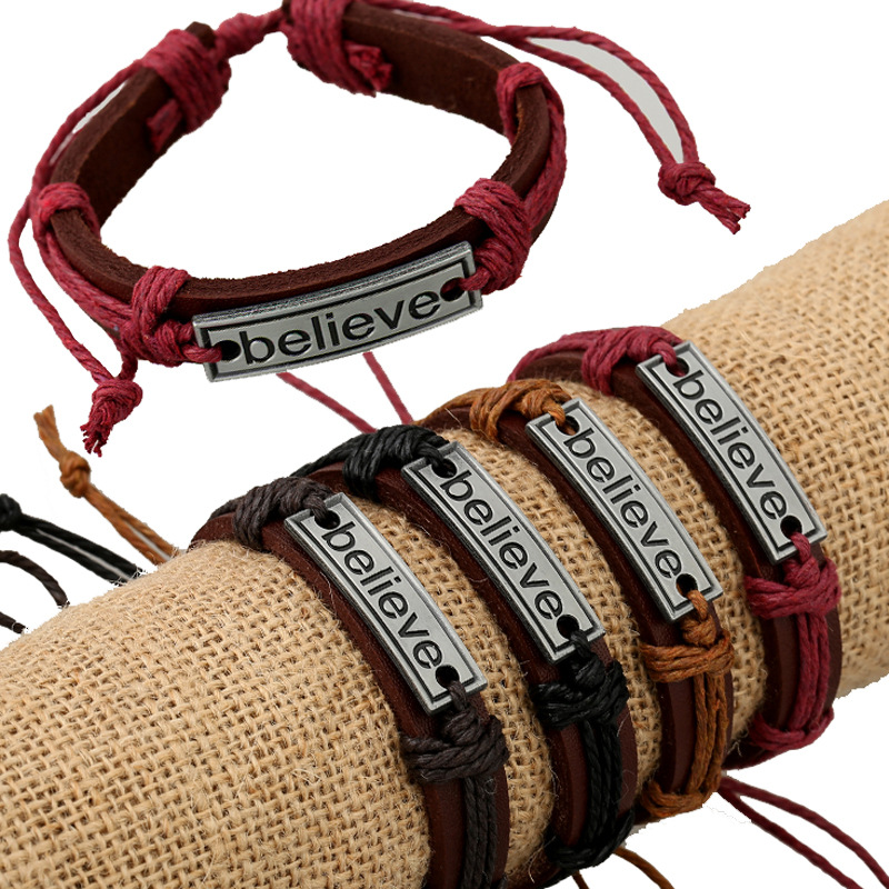 

encouraging Believe Leather bracelet Adjustable Alloy Identification Chain bangle cuff women men Fashion Jewelry