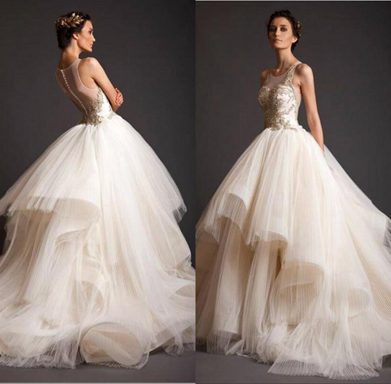 

2016 Krikor Jabotian New Prom Dresses Plus Size Ball Gowns Sheer Bateau with Gold Appliques Illusion Back Court Train Prom Dress, Green