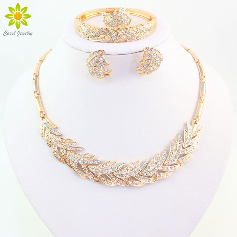 African Beads Jewelry Sets Women Wedding Gold Plated Crystal Necklace Set Party Fashion Bridal Ring Bracelet Earring Accessories