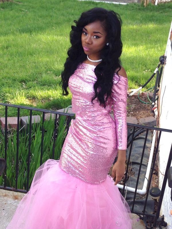 

Amazing Pink Sequined Prom Dresses 2016 with Long Sleeve custom made Sexy backless tulle Formal Black Girl Party Gowns, Red