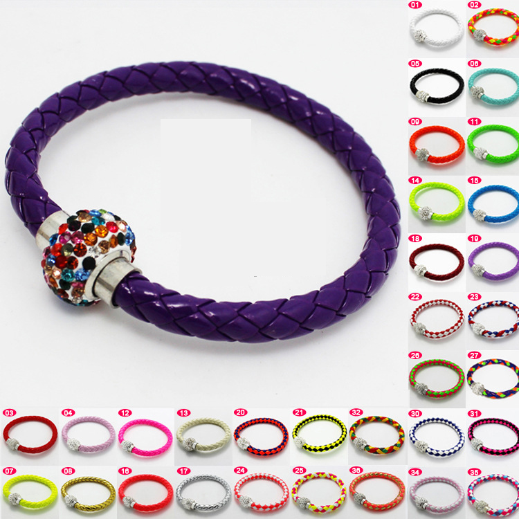 

2016 New Braided Bracelets PU Leather Magnetic button Bracelet CZ Disco Crystal Bead Bangle Multicolor Handcraft gift