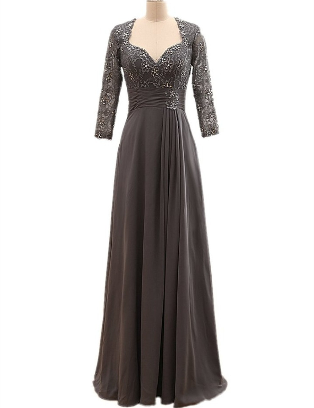 

Newest Gray Mother of the Bride Dress with Jacket Long Sleeve Beaded Lace Chiffon Floor Length Women Formal Gowns Custom