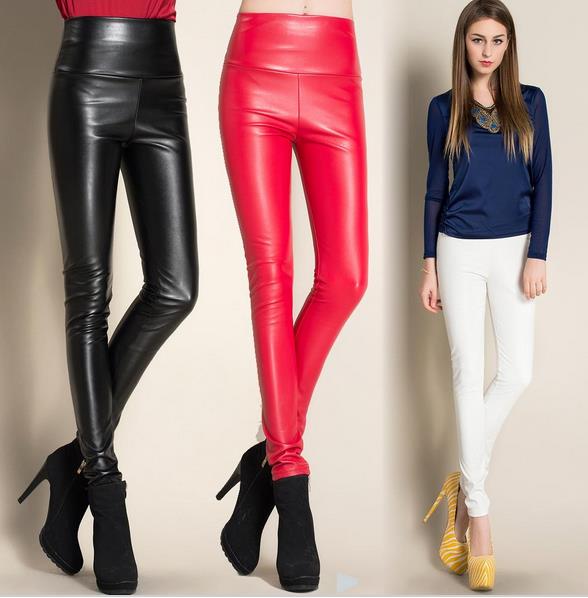 

Fashion Women PU Faux Leather Slim Pants High Waist Leggings Pants Fleece Stretch Skinny Pencil Capris candy colors xmas gift, Pls remark colors