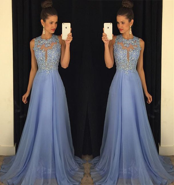 

Floor Length Lavender Chiffon Prom Dresses 2019 Modest Sheer Neck Appliques Cutaway Sides Long Homecoming Dresses Evening Gowns, Ivory