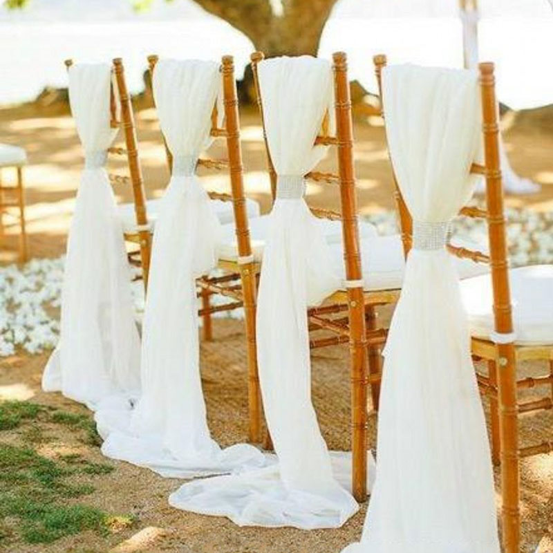 

Flowy White Ivory Chiffon Wedding Chair Sashes Bows Custom Chair Covers For Wedding DIY Wedding Party Banquet Chair Decorations With Clasps