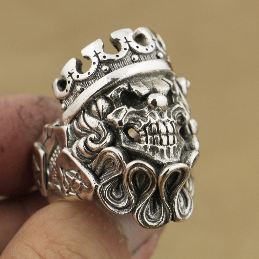 

LINSION Handmade 925 Sterling Silver Joker Skull Clown King Mens Biker Punk Ring TA70 US Size 7 to 15