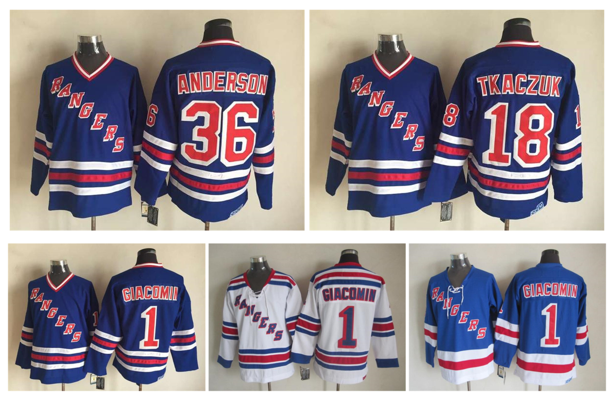 

Retro New York Rangers Hockey Jersey 1 Eddie Giacomin 18 Chris Kreider 36 Glenn Anderson Vintage CCM Authentic Stitched Jerseys, As pic