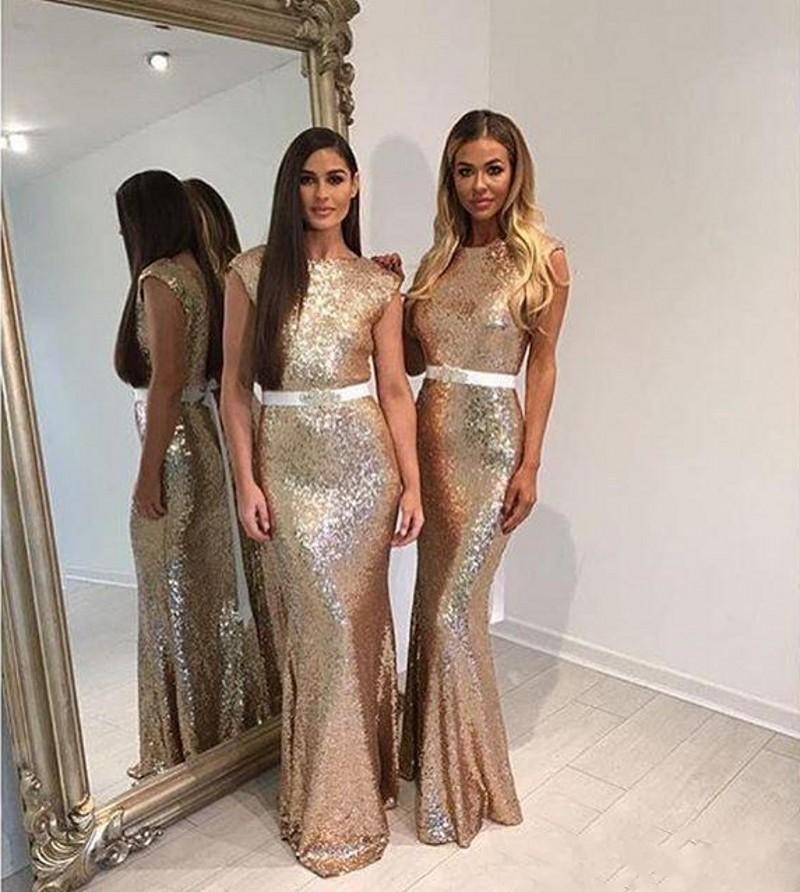 

2020 Cheap Bling Gold Sequined Bridesmaid Dresses For Weddings Jewel Backless Sashes Mermaid Maid Of Honor Gowns Custom Formal Party Dresses