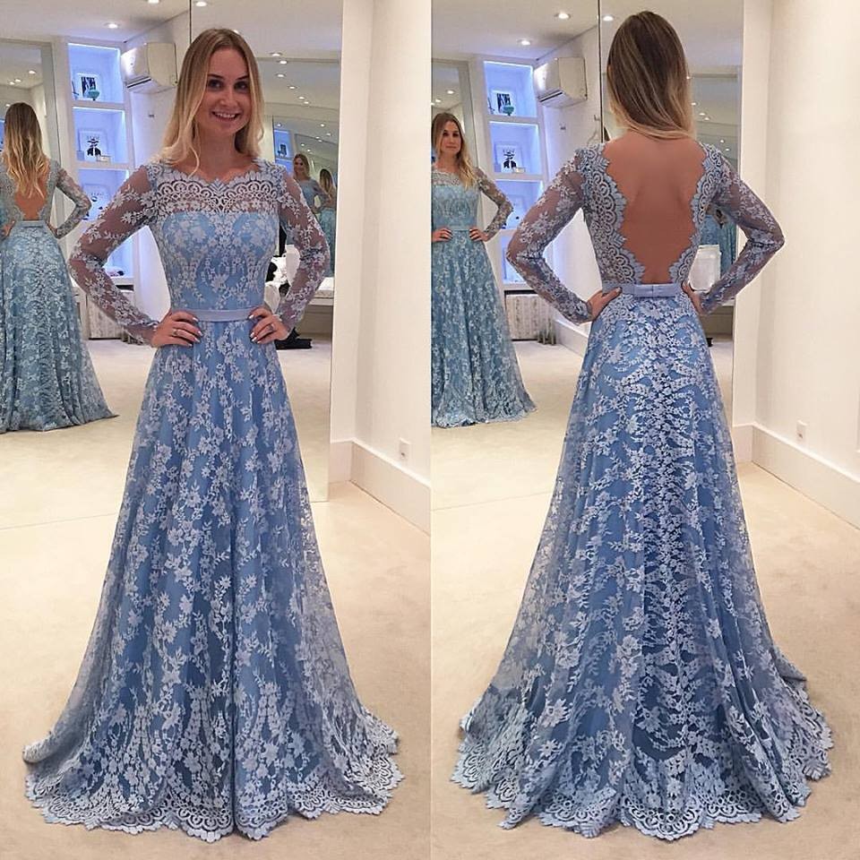 

Custom Made 2019 Sky Blue Lace Arabic Evening Dresses Sheer Long Sleeves Bateau Neck Lace Appliques Sexy Backless Formal Prom Event Wears, Sage